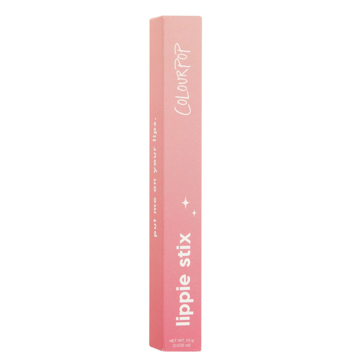 Heart On ColourPop Lippie Stix packaging standing upright, a slim pink-to-rose gradient box with white “lippie stix” and “ColourPop” branding and small sparkle icons, 1.0 g (0.035 oz), set against a clean white background.