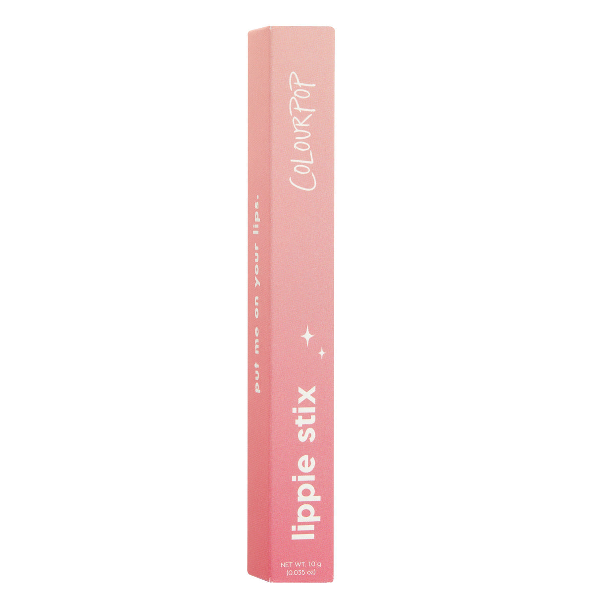 ColourPop Lippie Stix in Westie standing upright, pink gradient box showing white ColourPop and lippie stix branding with star icons, net wt. 1.0 g (0.035 oz), set against a clean white background.