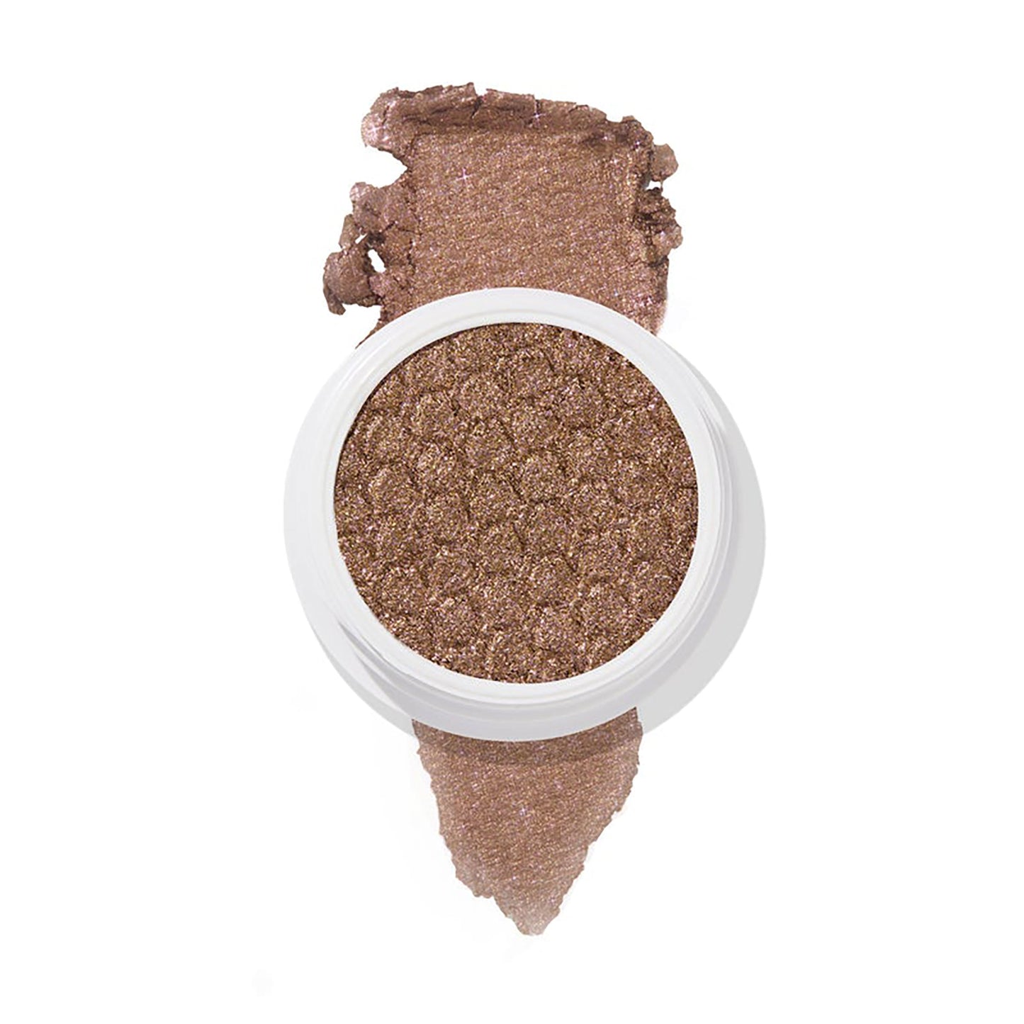 ColourPop So Quiche Super Shock Shadow pot shows a shimmery taupe-bronze eyeshadow, swatched above and below the white jar on a white background, emphasizing the sparkly finish and textured pan.