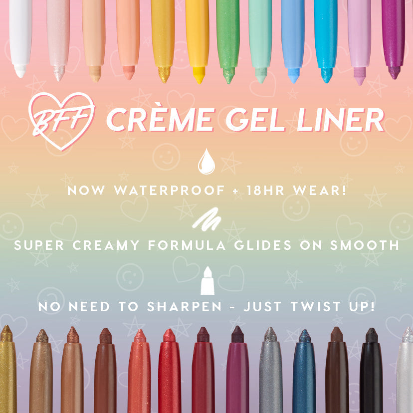 ColourPop Crème Gel Liner New BFF pencils line up top and bottom, caps off to show a rainbow of matte and metallic shades, highlighting waterproof 18-hour wear, super creamy glide, and twist-up no-sharpen design on a pastel gradient backdrop.