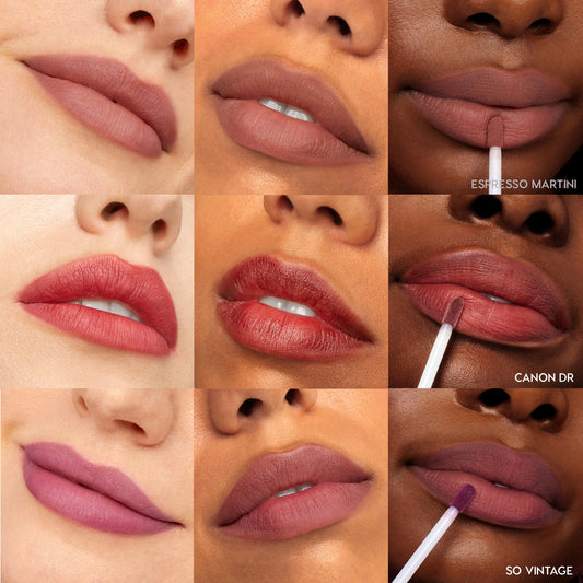 Edgy Vibes ColourPop Ultra Blotted Lip bundle shows a 3x3 grid of lip close‑ups with a soft‑matte finish in rosy, mauve, and brick hues, including shades Espresso Martini, Canon Dr, and So Vintage, some applied with a doe‑foot on varied skin tones.