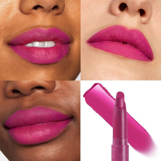 Heart On ColourPop Lippie Stix applied - vivid fuchsia-magenta lipstick shown on three lip close-ups across different skin tones with a soft-matte finish, plus the twist-up Lippie Stix bullet and swatch on a white background.