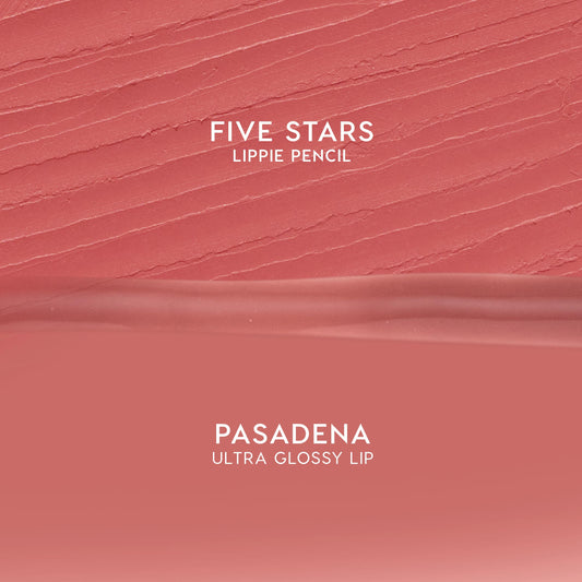 Dream Duo ColourPop Ultra Lip Duo swatches show Five Stars Lippie Pencil's matte rose-pink texture above Pasadena Ultra Glossy Lip's smooth shine, displayed as split swatches for shade reference on a clean background.