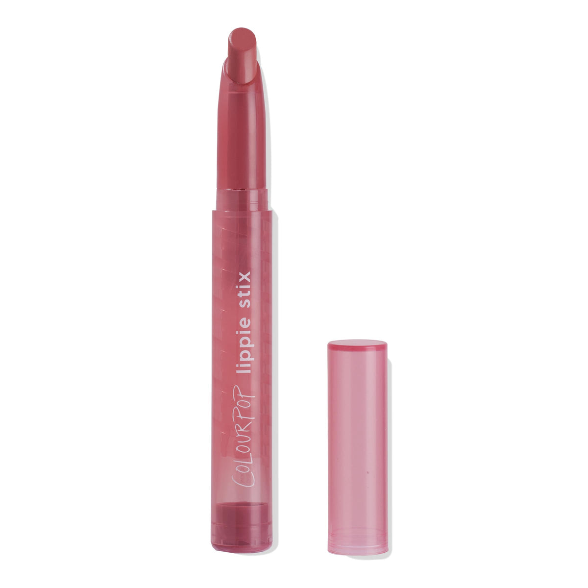 ColourPop Lippie Stix in Felt Cute stands uncapped with a slanted rosy pink bullet extended, translucent pink tube with white logo, and matching cap placed to the right on a white background.