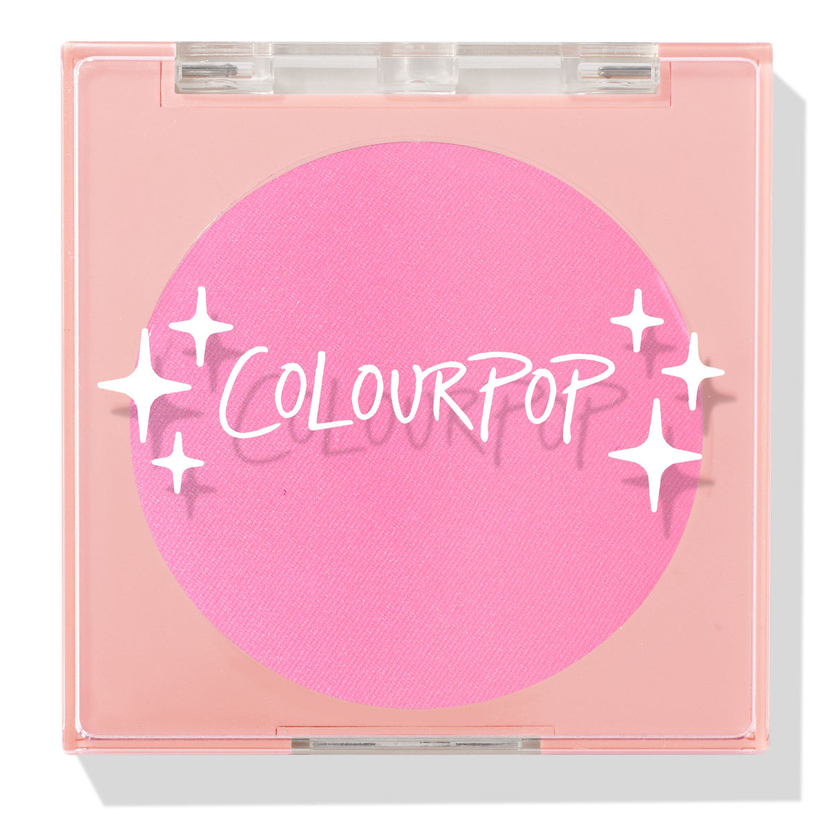 Prairie Air ColourPop Pressed Powder Blush compact sits closed, displaying a vibrant bubblegum pink pan beneath a clear lid with white sparkle icons and the ColourPop logo, housed in a peach square case on a white background.