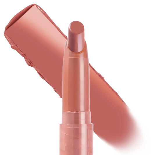 Slacker ColourPop Lippie Stix showcasing a creamy warm rosy nude shade, bullet angled upright with a bold swatch swipe behind it, in a slim twist-up peach tube on a white background for clear product detail.