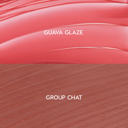 Glazed Pout swatches show ColourPop So Juicy Plumping Lip Liner & Balm Set: top glossy coral balm “Guava Glaze” and bottom warm rosy-brown liner “Group Chat,” split panel highlighting texture and shade pairing.