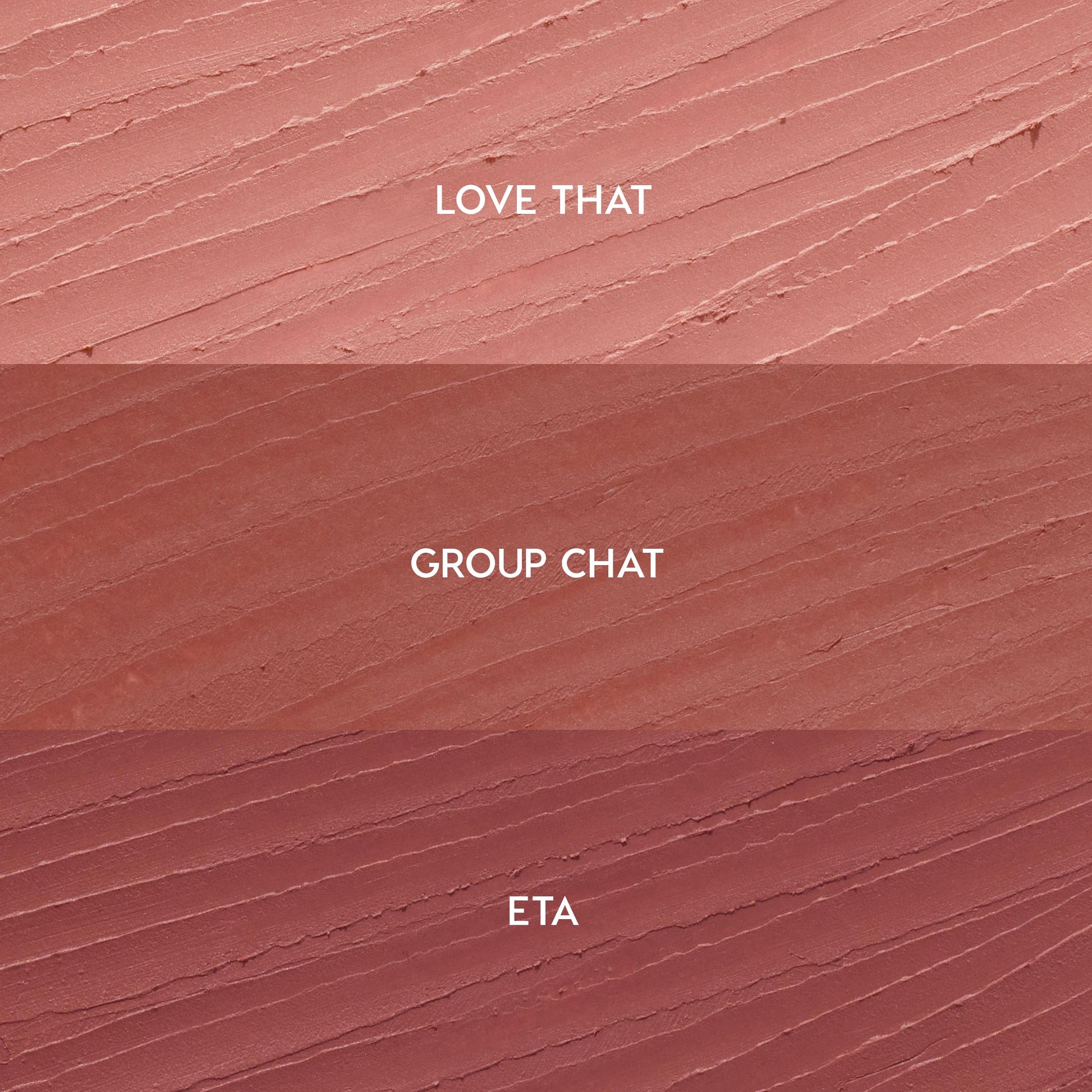 Creamy lip liner swatches show three shades for the Lips Don’t Lie ColourPop So Juicy Plumping Lip Liner Set - Love That (soft pink nude), Group Chat (warm rose), and ETA (mauve) - streaked in horizontal bands on a textured background.