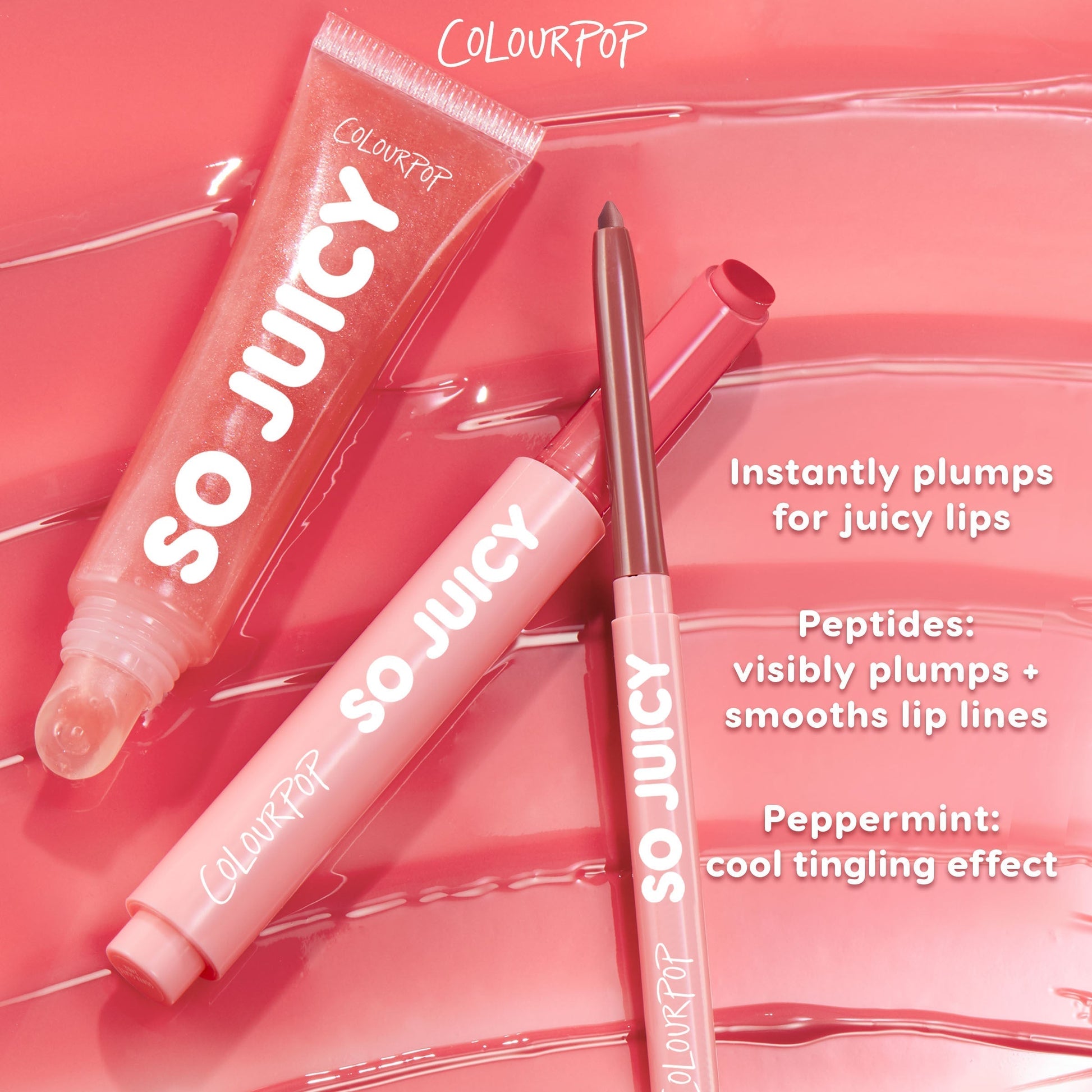 Lush Pout, a ColourPop So Juicy Plumping Gloss Balm with Peptides, rests on glossy pink swatches beside a matching lip liner and tube, showing sheer pink shimmer; callouts highlight instant plump, peptides smoothing lines, and a cool peppermint tingle.