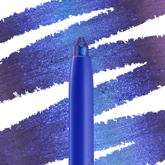 ColourPop Chrome Crème Gel Liner in Ventura Blvd shows its creamy twist-up tip, flashing multichrome blue‑violet‑teal shimmer, set against bold cobalt swatches on white to showcase smooth glide, rich payoff, and metallic finish.