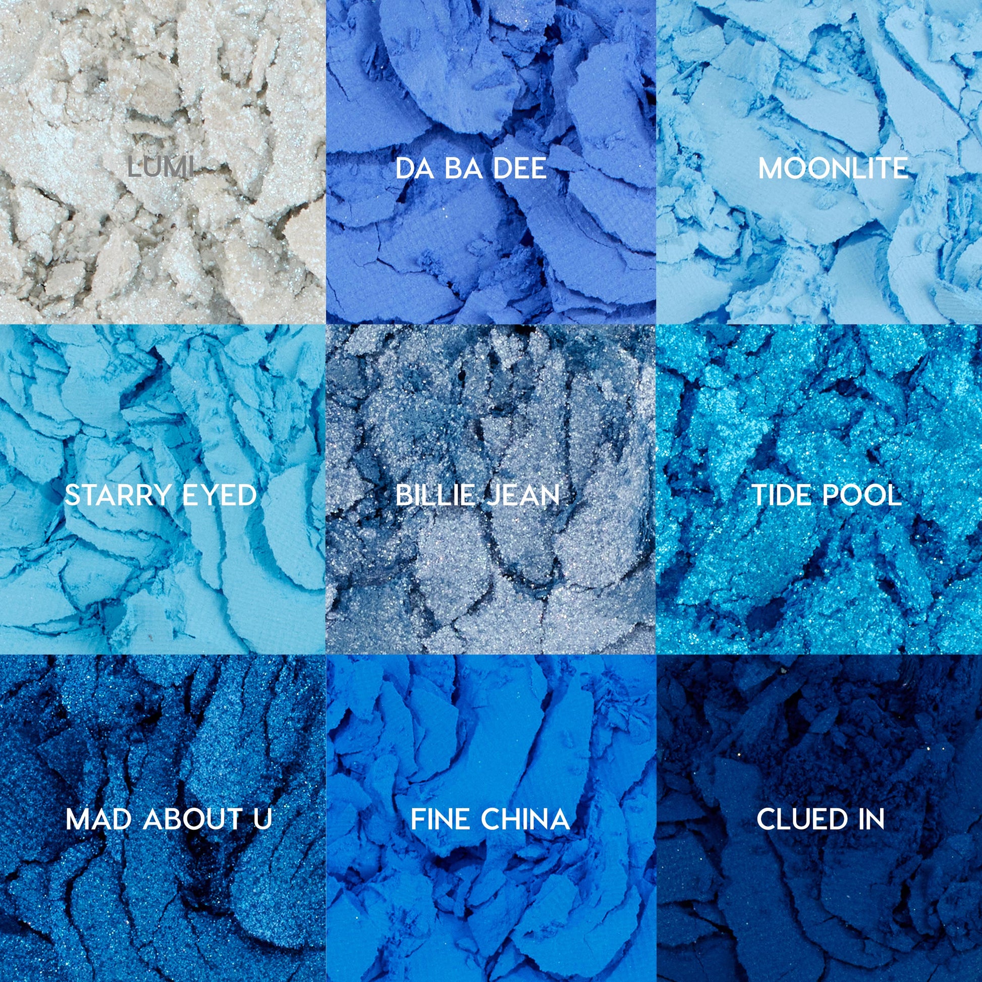 Blue Moon ColourPop Shadow Palette - nine crushed blue eyeshadow pans in a 3x3 grid - showcasing matte, metallic, and glitter finishes; shades labeled Lumi, Da Ba Dee, Moonlite, Starry Eyed, Billie Jean, Tide Pool, Mad About U, Fine China, Clued In.