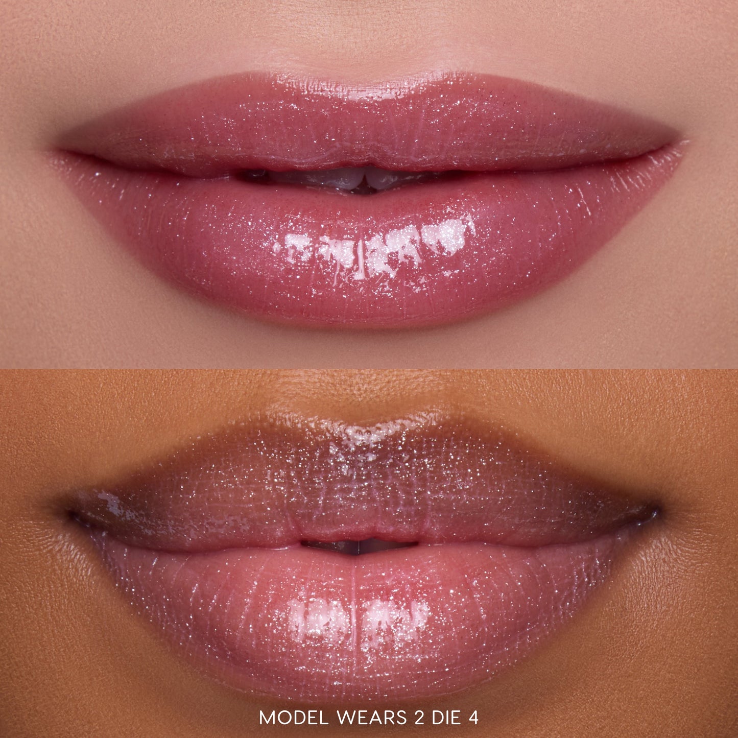 Close-up split image of two models’ lips wearing Gloss Me Up ultra glossy lip set in shade 2 Die 4 from the Heart to Get collection, showing high-shine, shimmery pink gloss on different skin tones against a soft-focus background.