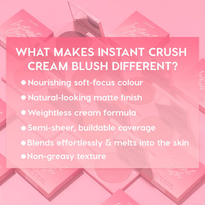 ColourPop Cream Blush Whole Mood compact highlights Instant Crush benefits - nourishing soft-focus color, natural matte finish, weightless cream, semi-sheer buildable coverage, blends effortlessly, non-greasy - in a pink flat lay of open and closed pans.