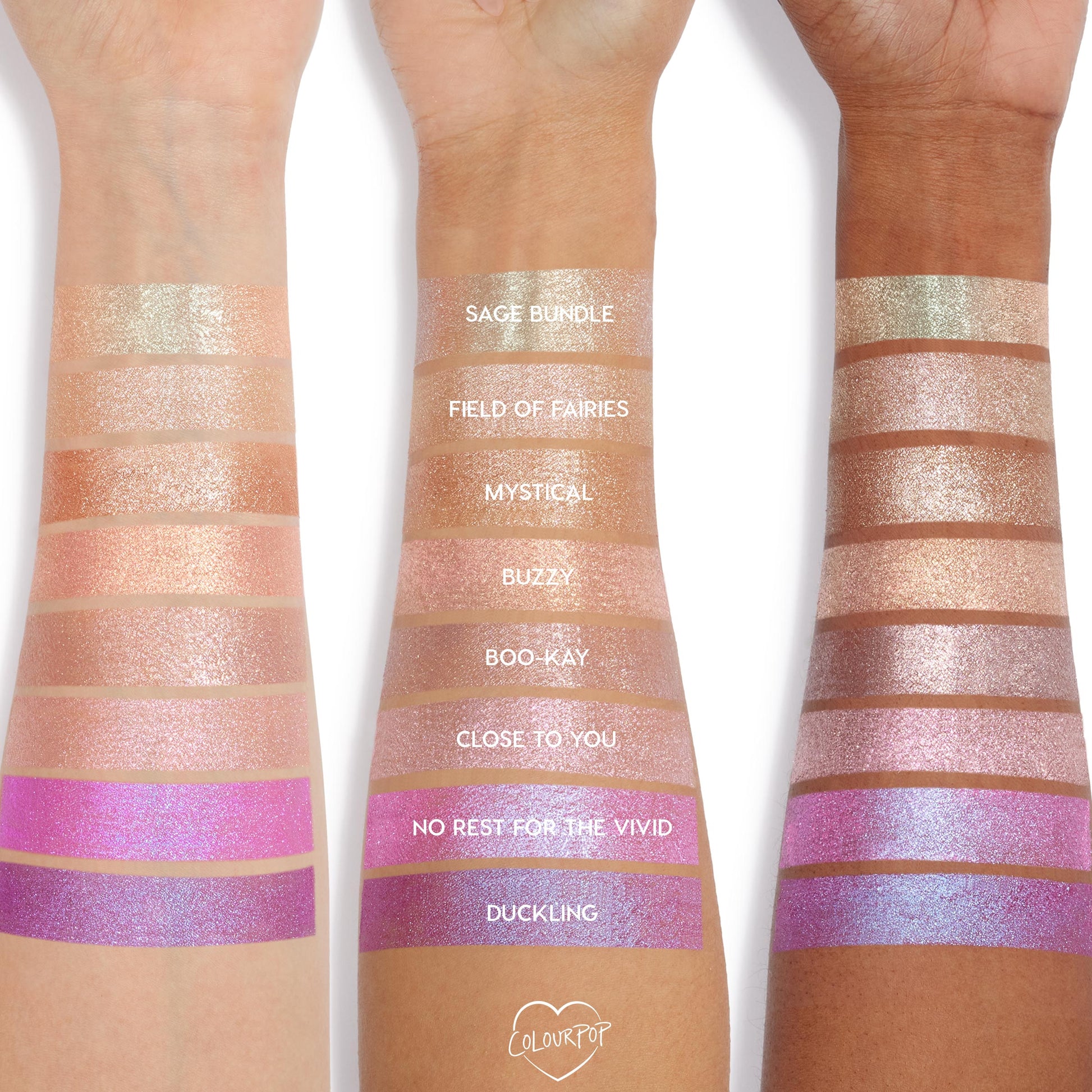 Three forearms with different skin tones display swatches of Colourpop Hallucinogenius Jelly Much Shadow eyeshadow shades, from champagne neutrals to vivid iridescent pinks and purples, showing shimmer payoff and color range.