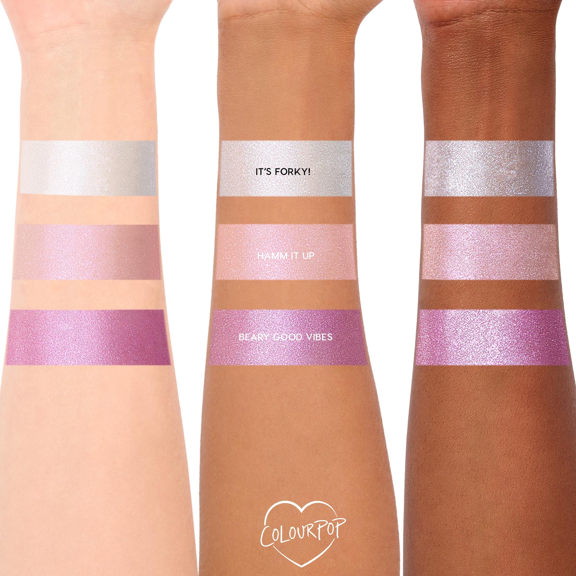 ColourPop Jelly Much Shadow Play All Day swatches coat three forearms in gleaming shades - icy silver (It’s Forky!), petal pink (Hamm It Up), and orchid purple (Beary Good Vibes) - shown on light, medium, and deep skin tones against a white backdrop.