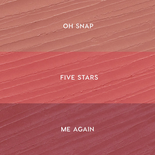 ColourPop Lippie Pencil Pinky Promise kit swatches display three shades in horizontal stripes: Oh Snap (soft nude pink) on top, Five Stars (warm rosy pink) in the middle, and Me Again (mauve berry) on bottom, shown on a textured smear.