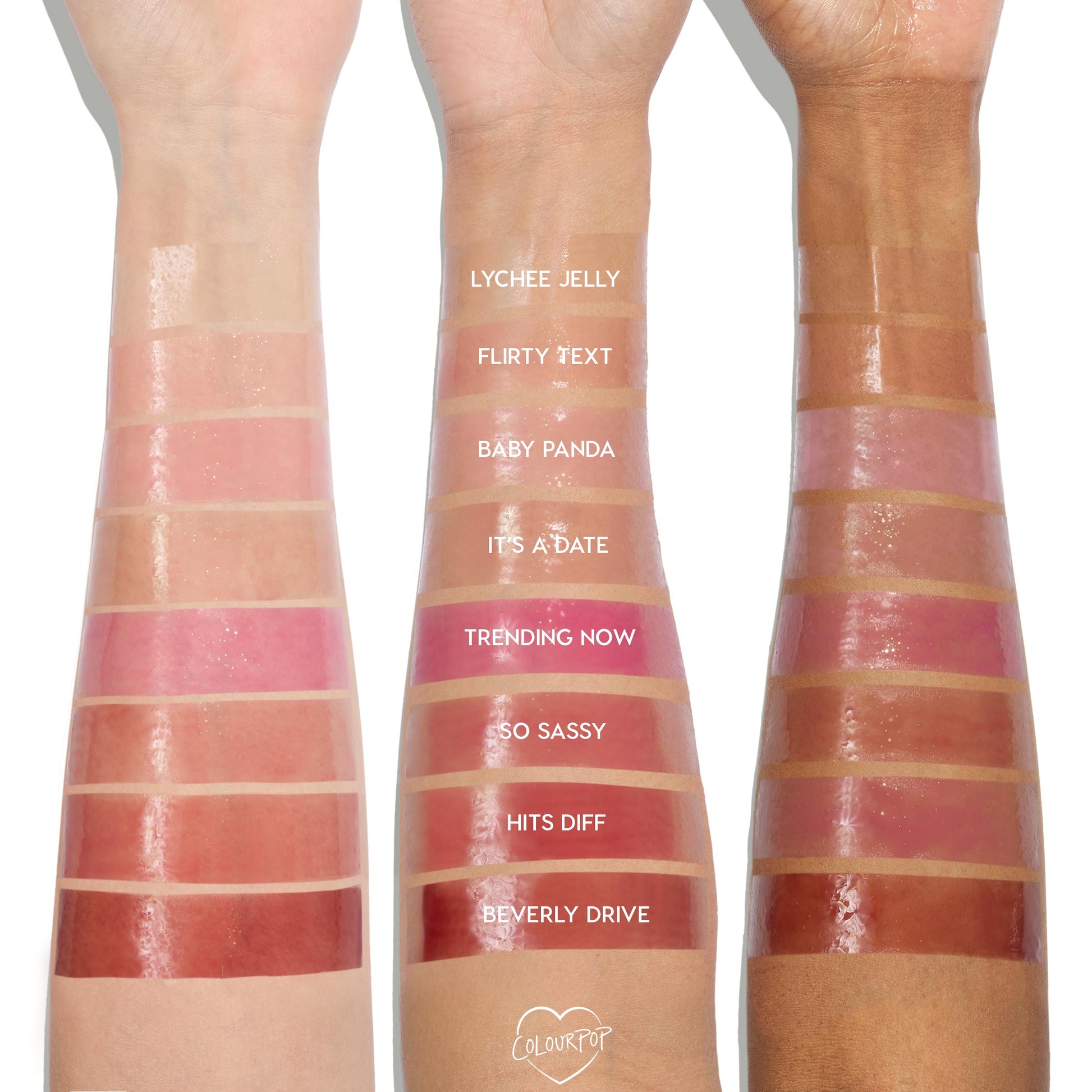 ColourPop It’s Giving Juicy So Juicy Lip Oil Set swatched on three arms (light, medium, deep), displaying high-shine sheer shades labeled: Lychee Jelly, Flirty Text, Baby Panda, It’s a Date, Trending Now, So Sassy, Hits Diff, Beverly Drive.