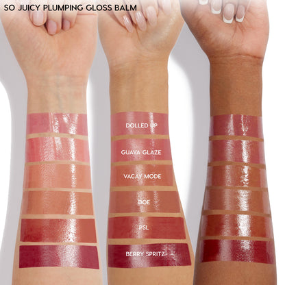 Glossy arm swatches showcase She's So Juicy, the ColourPop So Juicy Plumping Gloss Balm with Peptides, featuring six high-shine shades - Dolled Up, Guava Glaze, Vacay Mode, Doe, PSL, and Berry Spritz - on three forearms of different skin tones.