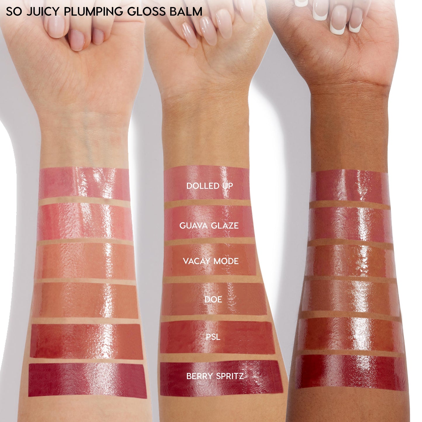 Glossy lip balm swatches on three arms in light to deep skin tones, showcasing ColourPop So Juicy Plumping Lip Liner & Balm Set, Go-To Lip shades: Dolled Up, Guava Glaze, Vacay Mode, Doe, PSL, and Berry Spritz, highlighting high-shine finish.
