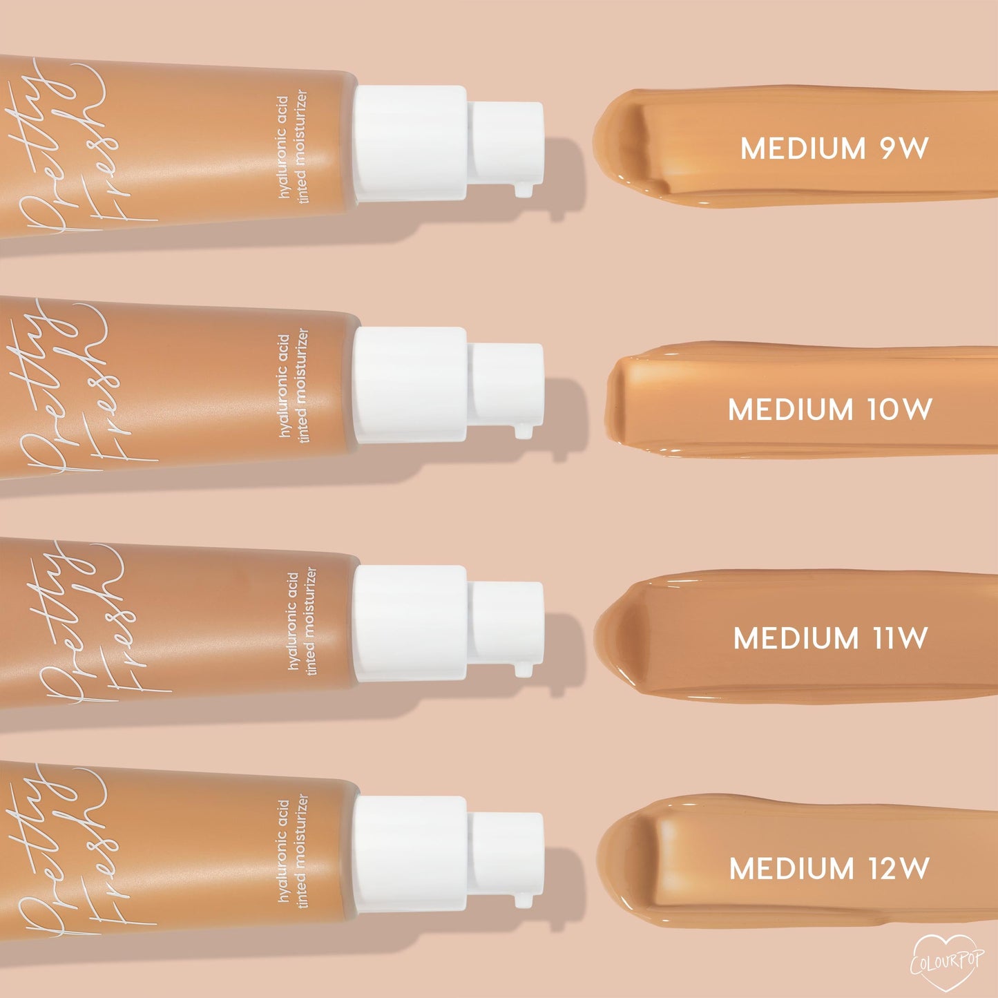 Medium 9W tube of ColourPop Pretty Fresh Tinted Moisturizer shown with warm medium swatches labeled Medium 9W, 10W, 11W, and 12W on a nude background, highlighting the hyaluronic acid tinted moisturizer shade range.